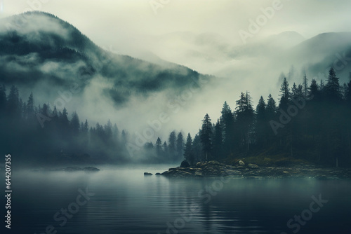 Beautiful and gloomy landscape with fog. © pavlofox