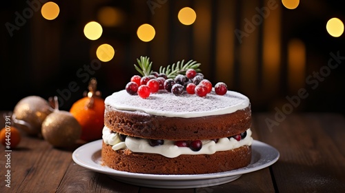 On a wooden table with holiday decorations, a Christmas fruit cake is displayed.