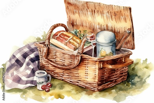 Vintage watercolor illustration of picnic blanket and food basket. Generative AI © Altair