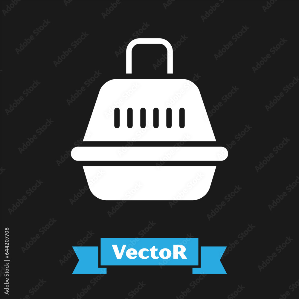 White Pet carry case icon isolated on black background. Carrier for animals, dog and cat. Container for animals. Animal transport box. Vector White Pet carry case icon isolated on black background. Carrier for animals, dog and cat. Container for animals. Animal transport box. Vector