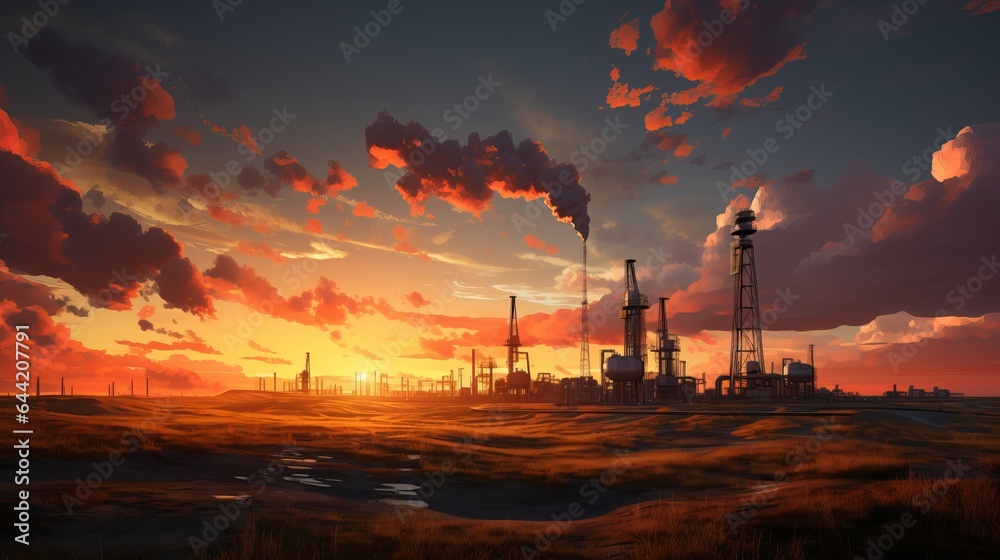 a landscape of industry. On a sky at sunset, a gas torch is seen. field of oil.