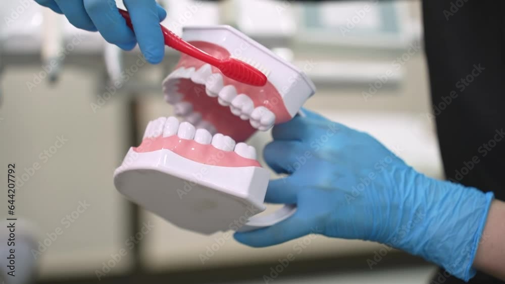 Dentist with blue latex gloves teaching patient to brush teeth correctly demonstrating technique on human jaws model stomatologist showing routine personal hygiene closeup