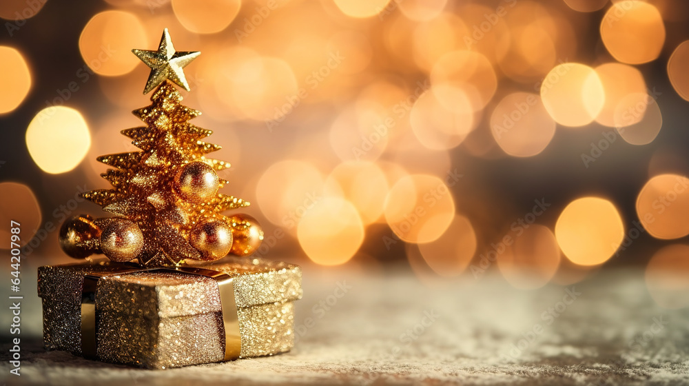 Miniature Christmas tree with decorations on a table with a gift box against a background of golden bokeh