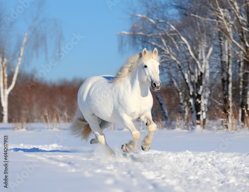 white horse runs across a snowy field against the background of a forest