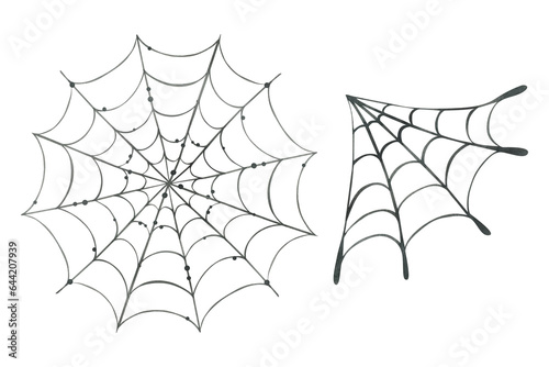 Black round cobwebs with dots. Hand drawn watercolor illustration for day of the dead, halloween, Dia de los muertos. Set of isolated objects on a white background