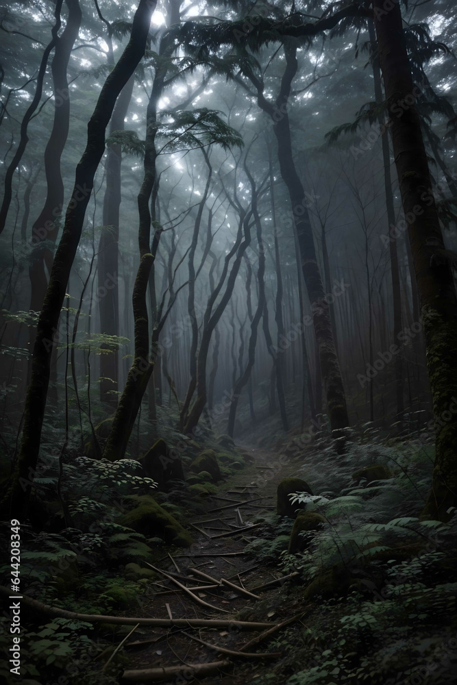 track in a dark misty forest