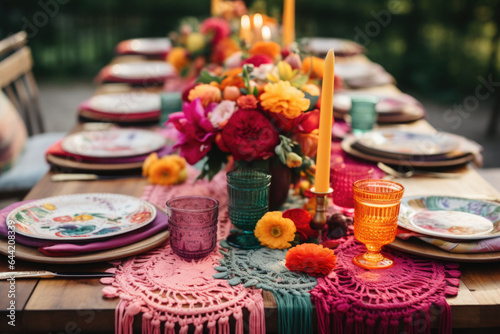 Boho Chic table setting. Decoration table covered with a tablecloth with dishes, flowers, candles. AI generated
