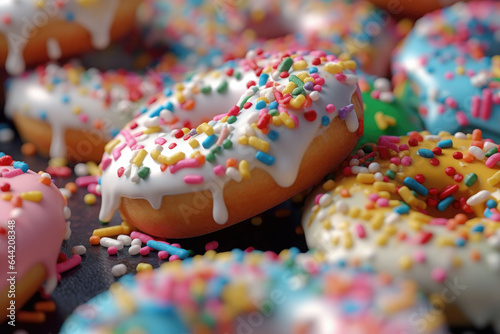 Close up of a doughnuts sprinkled with frosting and colorful candy bits. Assorted donuts. Generative AI