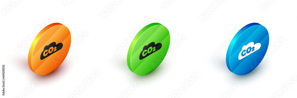 Isometric CO2 emissions in cloud icon isolated on white background. Carbon dioxide formula, smog pollution concept, environment concept. Circle button. Vector Isometric CO2 emissions in cloud icon isolated on white background. Carbon dioxide formula, smog pollution concept, environment concept. Circle button. Vector
