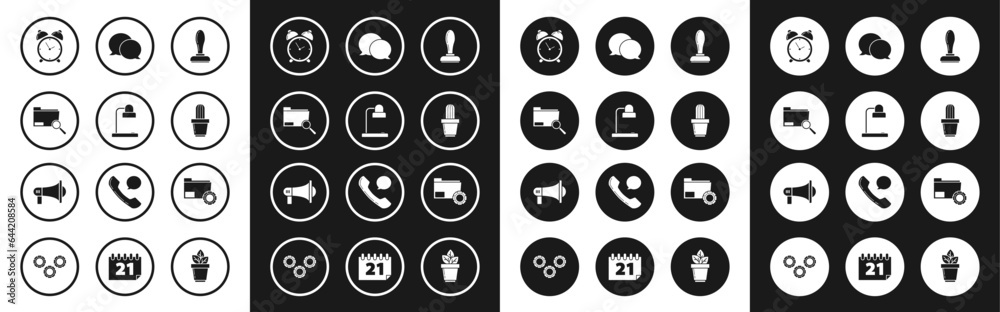 Set Stamp, Table lamp, Search concept with folder, Alarm clock, Cactus and succulent in pot, Speech bubble chat, Folder settings gears and Megaphone icon. Vector Set Stamp, Table lamp, Search concept with folder, Alarm clock, Cactus and succulent in pot, Speech bubble chat, Folder settings gears and Megaphone icon. Vector