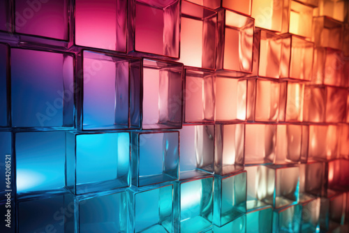 Colorful glass block wall texture. Shiny transparent thick glass tiles with seams background. Generative AI