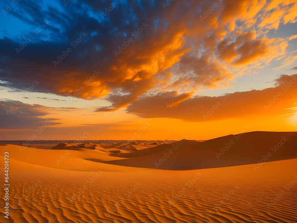 Sunset in the desert with sand dunes, sky covered with clouds, generative ai