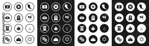 Set Traditional ram horn, shofar, Tombstone with star david, Jewish kippah, Flag Israel, coin, Star David necklace chain and Torah scroll icon. Vector