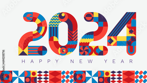 2024 modern geometric lettering New Year card. Memphis style typeface.