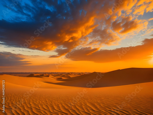 Sunset in the desert with sand dunes  sky covered with clouds  generative ai