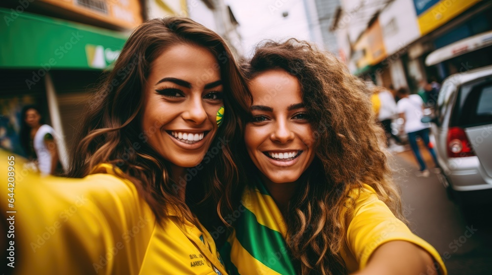 Young people taking a selfie on street with the flag of the their football team. Generative AI Young people taking a selfie on street with the flag of the their football team. Generative AI