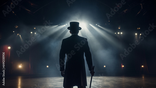 the silhouette of a magician in the circus. magician with a magic hat on stage.