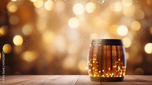 wooden table with a glass of whiskey and whiskey in the evening. copy space