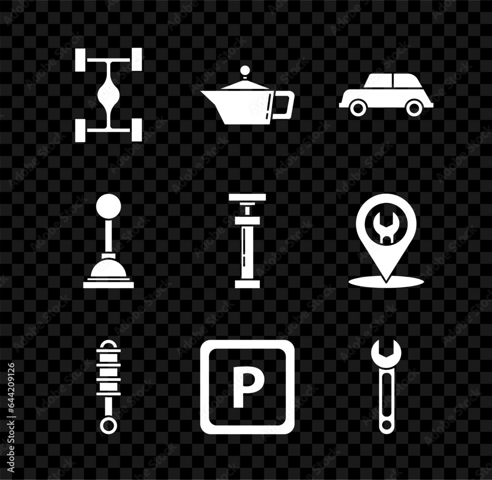 Set Chassis car, Canister for motor machine oil, Car, Shock absorber, Parking, Wrench, Gear shifter and icon. Vector Set Chassis car, Canister for motor machine oil, Car, Shock absorber, Parking, Wrench, Gear shifter and icon. Vector