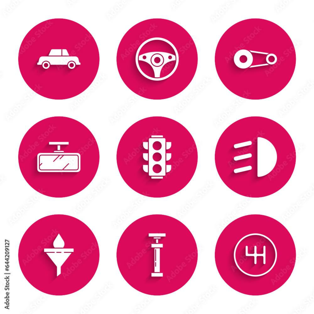Set Traffic light, , Gear shifter, High beam, Funnel or filter and motor oil drop, Car mirror, Timing belt kit and icon. Vector Set Traffic light, , Gear shifter, High beam, Funnel or filter and motor oil drop, Car mirror, Timing belt kit and icon. Vector