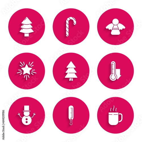 Set Christmas tree, Meteorology thermometer measuring, Coffee cup, snowman, star, angel and icon. Vector