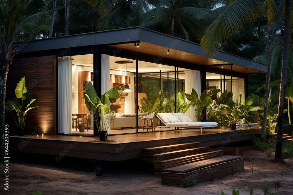 Tropical beach luxury container house, ideal for freelancers. Generative AI