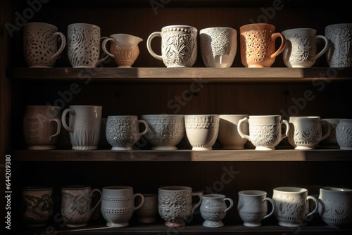 Arrangement of ceramic cups on a shelf. Generative AI