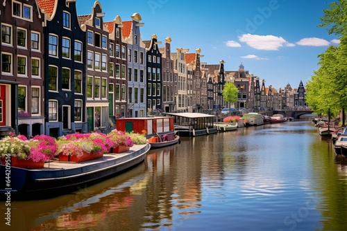 Vibrant riverside buildings in Amsterdam, a charming springtime view. Generative AI © Haruki