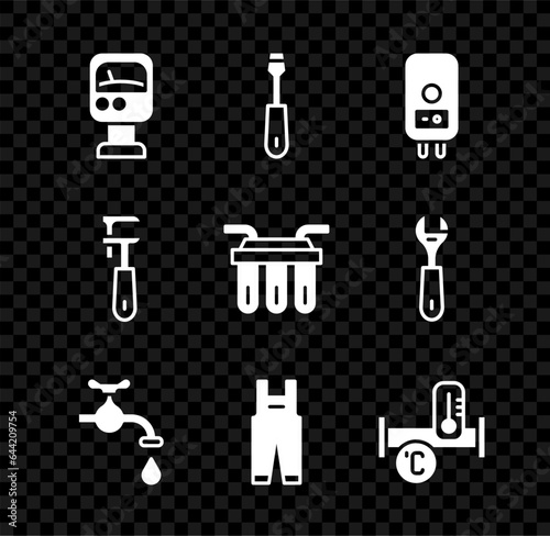 Set Pressure water meter, Screwdriver, Electric boiler, Water tap, Work overalls, Industry metallic pipe, Pipe adjustable wrench and filter icon. Vector