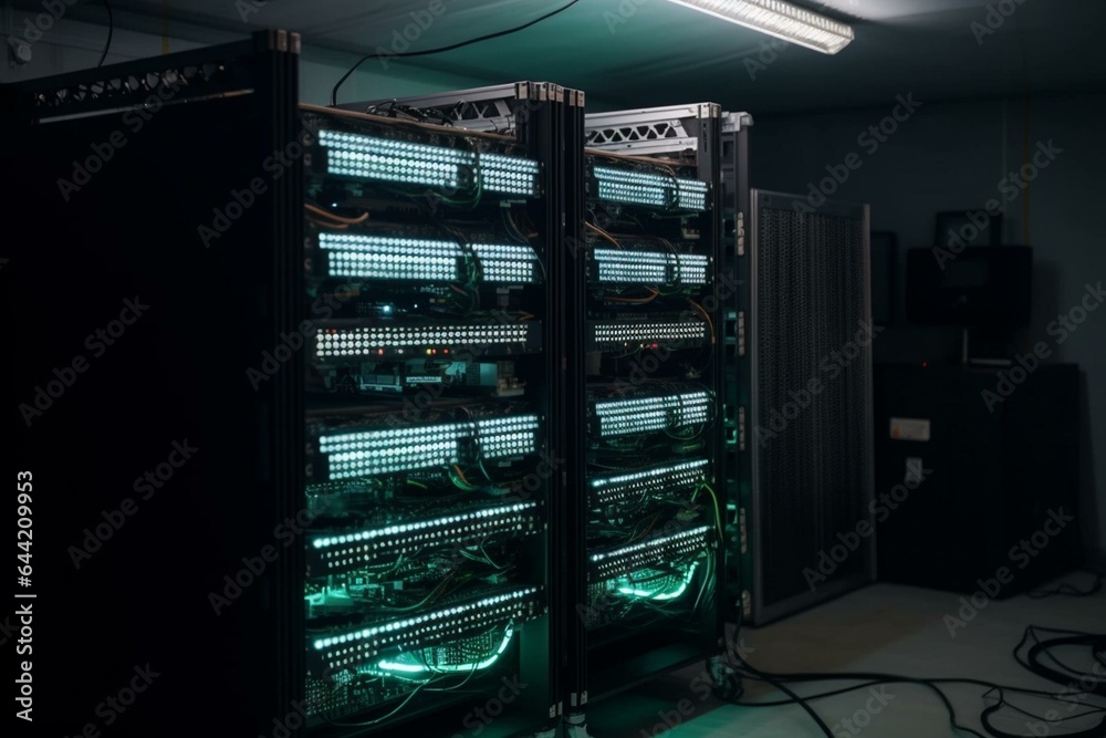 Bitcoin mining setup in a container with rack-mounted ASIC miners. A blockchain datacenter with bright serv lights. Generative AI