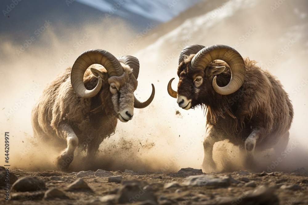 Two rams battle with their horns. Generative AI - obrazy, fototapety, plakaty 