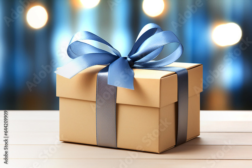 Beige gift box with blue bow on the background of bokeh effect. Generative AI