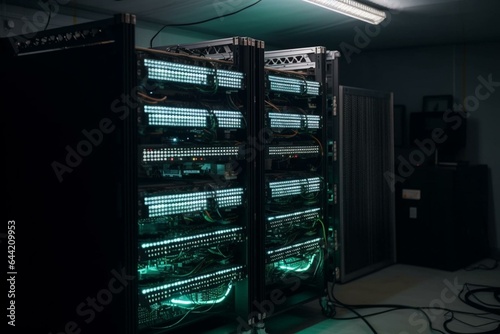 Bitcoin mining setup in a container with rack-mounted ASIC miners. A blockchain datacenter with bright serv lights. Generative AI