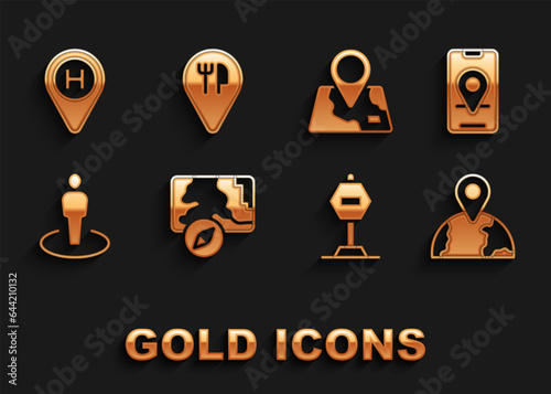 Set City map navigation, Location the globe, Stop sign, with person, Folded location marker, Helicopter landing pad and Cafe restaurant icon. Vector