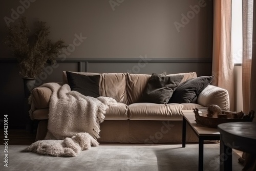 Cozy lounge with a plush sofa and soft cushions. Generative AI