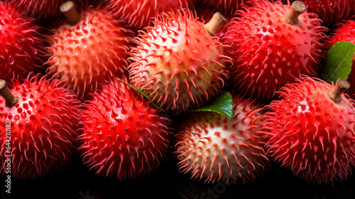 Top view of pile of fresh rambutan fruits with water spots, healthy food background