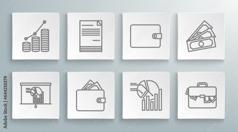 Set line Board with graph chart, Document, Wallet stacks paper money cash, Pie infographic, Briefcase and, Stacks and coin icon. Vector Set line Board with graph chart, Document, Wallet stacks paper money cash, Pie infographic, Briefcase and, Stacks and coin icon. Vector