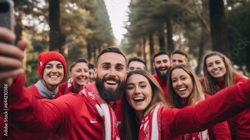 Young people taking a selfie on street with the flag of the their football team. Generative AI