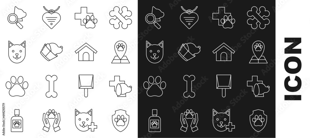 Set line Animal health insurance, Veterinary clinic symbol, Map pointer with veterinary medicine hospital, Cat, and Dog house icon. Vector Set line Animal health insurance, Veterinary clinic symbol, Map pointer with veterinary medicine hospital, Cat, and Dog house icon. Vector