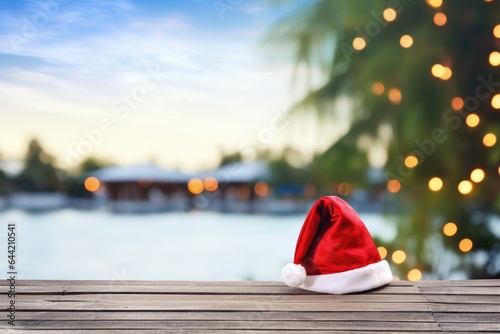 Christmas hat on wooden tropical table