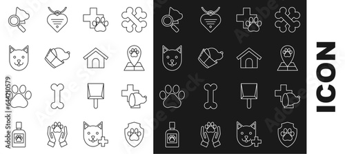 Set line Animal health insurance, Veterinary clinic symbol, Map pointer with veterinary medicine hospital, Cat, and Dog house icon. Vector