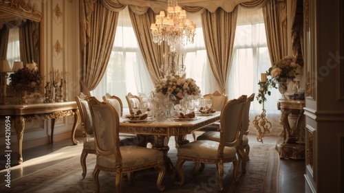 Interior design inspiration of Traditional Classic style home dining room loveliness decorated with Wood and Marble material and Centerpiece .Generative AI home interior design . © Summit Art Creations