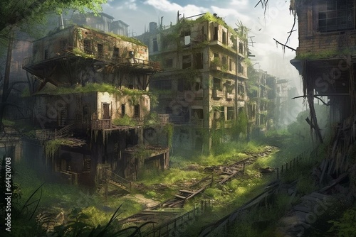Illustration of an abandoned post-apocalyptic city overtaken by lush vegetation. Generative AI
