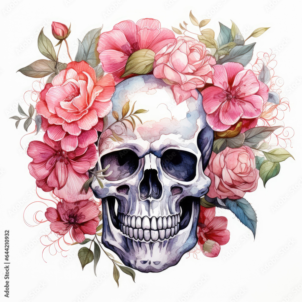 Fototapeta premium Skull Black and White Line Surrounded with Roses