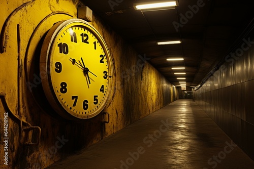 Yellow drum clock above tunnel entrance. Generative AI