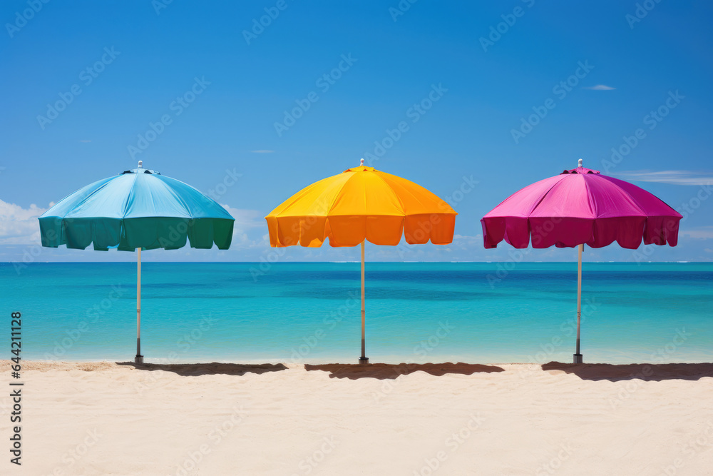 Tropical Paradise: Colorful Beach Umbrellas and Palm Trees