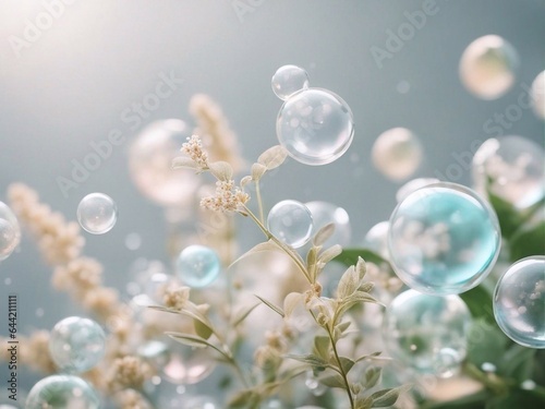 Cosmetics background, pastel Molecules, science background, lab background, herbal leaves, beauty products, bubbles background,Abstract Chemistry generative ai illustration art