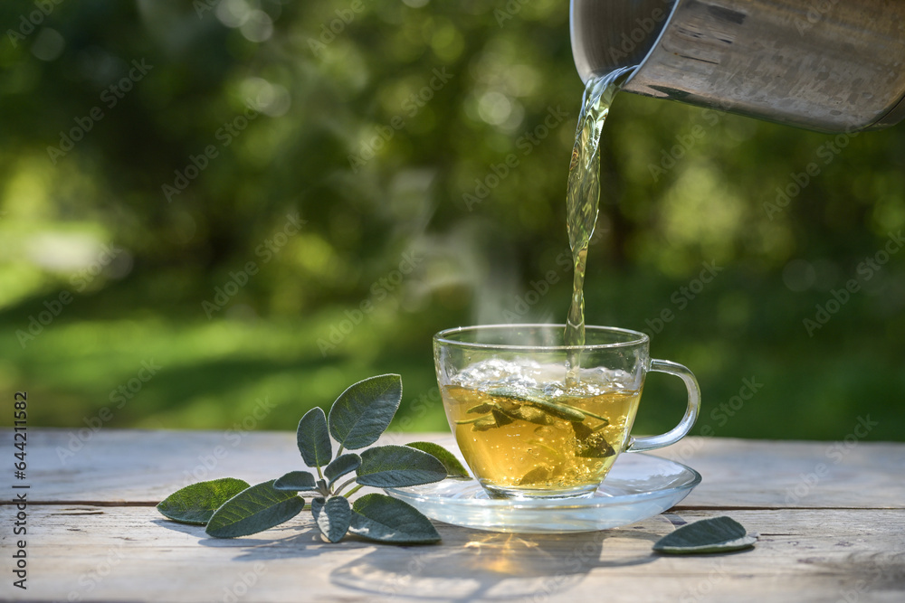 Pouring hot water in a glass cup with sage leaves, healthy herbal tea