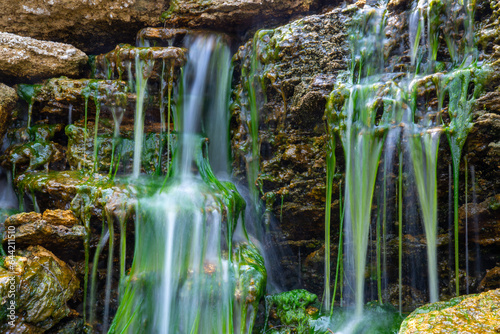 Small waterfall on stones covered with freshwater green algae Enteromorpha sp.