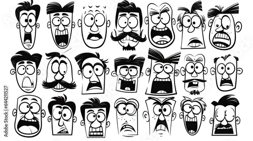 Funny retro cartoon character face drawing set on isolated background. Black and white vintage animation art style bundle. Trendy 50s mascot, facial expression graphic, mascot gesture sticker